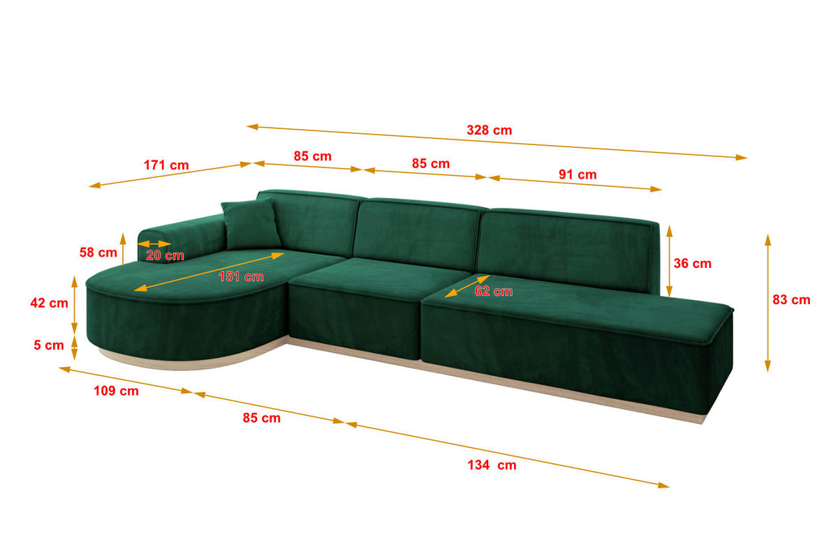 ECKSOFA Ottomane Links ARRIO-L2 - 328x171x83 cm Dunkelgrün - Grün, Holzwerkstoff/Textil (328/171cm) - ALTDECOR