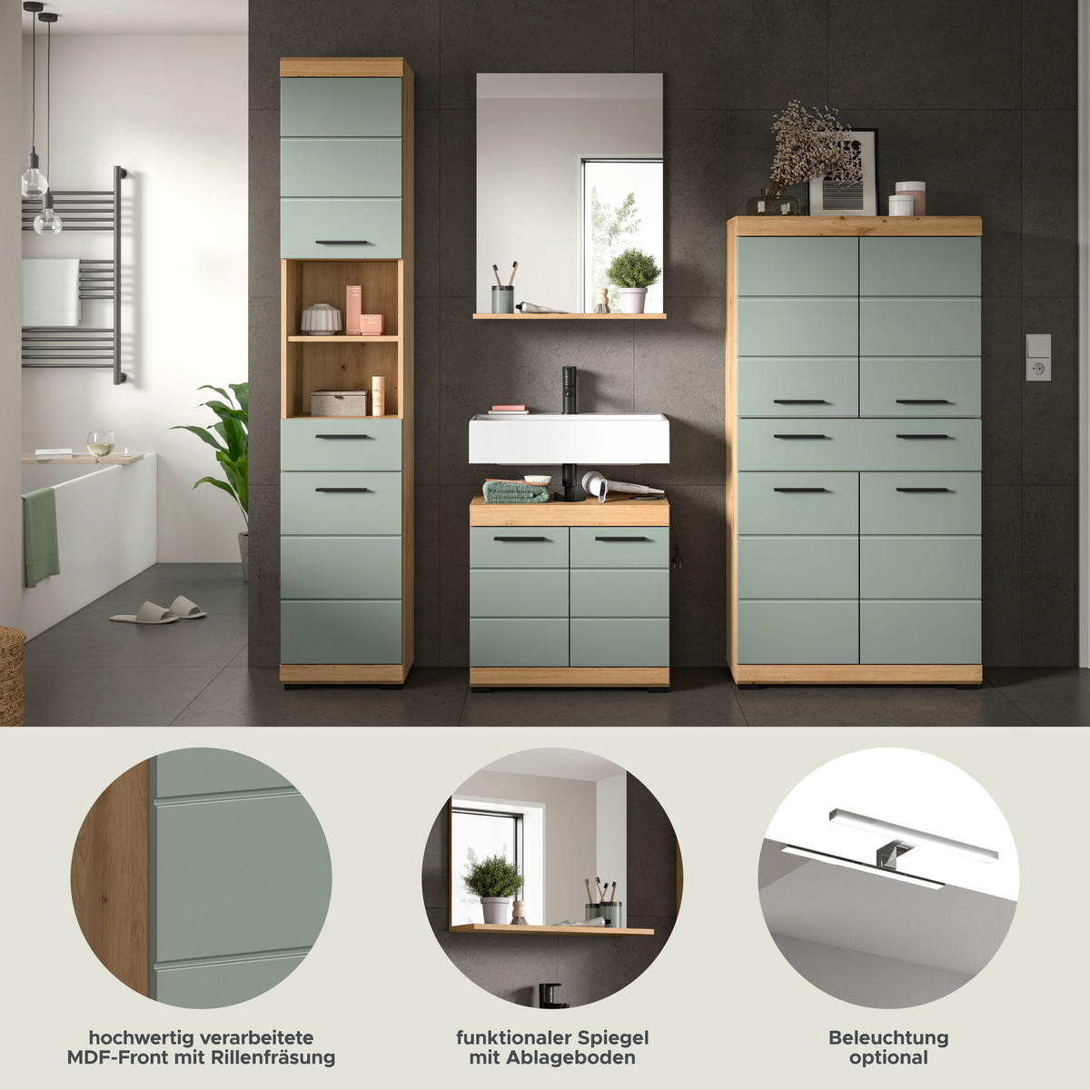 BADKOMBINATION 4tlg. Scout Bad in Artisan Eiche Nachbildung und Salbei Nachbildung B/H/T: 186x191x34 cm - Eiche Artisan, Holz (186/191/34cm)