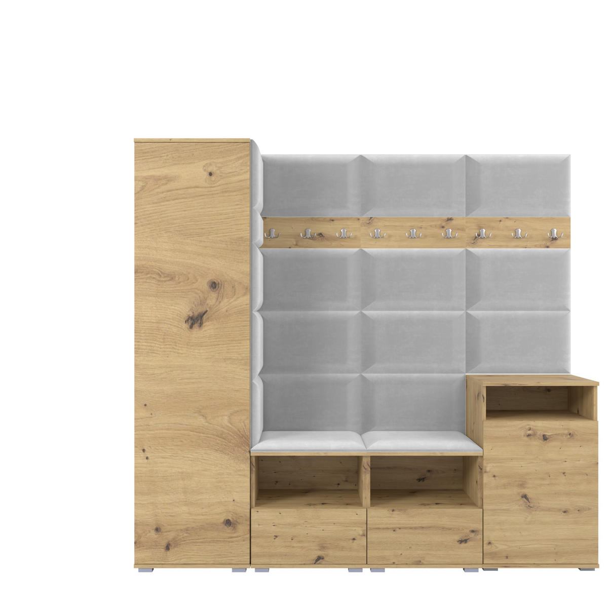 GARDEROBE NELA X 200 cm (Modulare Flurmöbel Artisan Eiche mit Sitzpolster Hellgrau 32 Schrank + Sideboard) - Silberfarben/Hellgrau, Holz/Holzwerkstoff (200/187/40cm) - Ravio