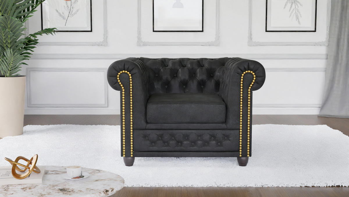 SITZGARNITUR 3+2+1 Chesterfield Flux Anthrazit Microfaser Vintageoptik - Anthrazit/Braun, Holz/Textil (203/72/86cm) - S-Style Möbel
