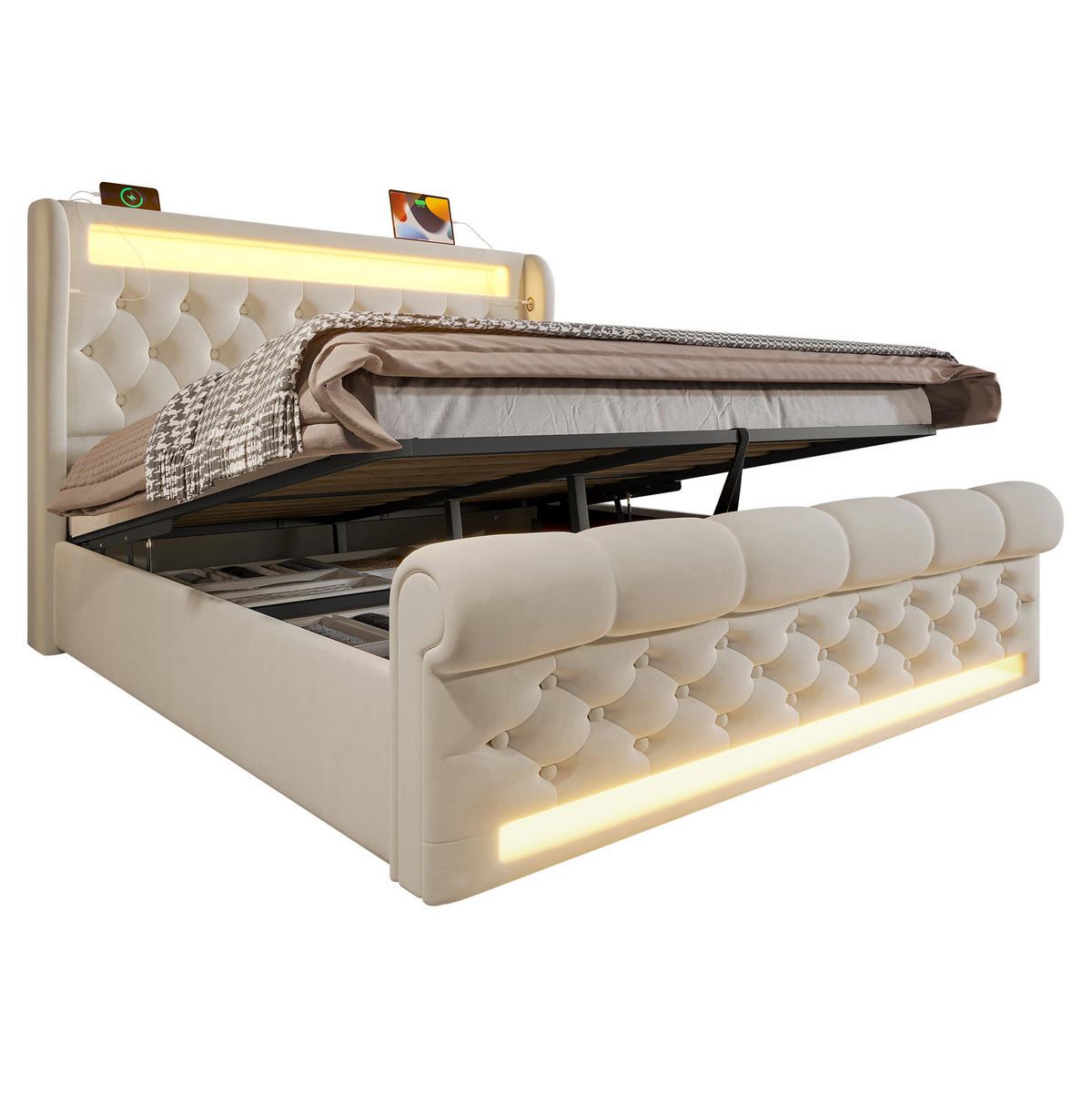 POLSTERBETT 140/200 cm Beige mit LED-Beleuchtung, Stauraum und USB- und Type-C-Anschlüssen - Beige, Textil (140/200cm) - Flora Grace