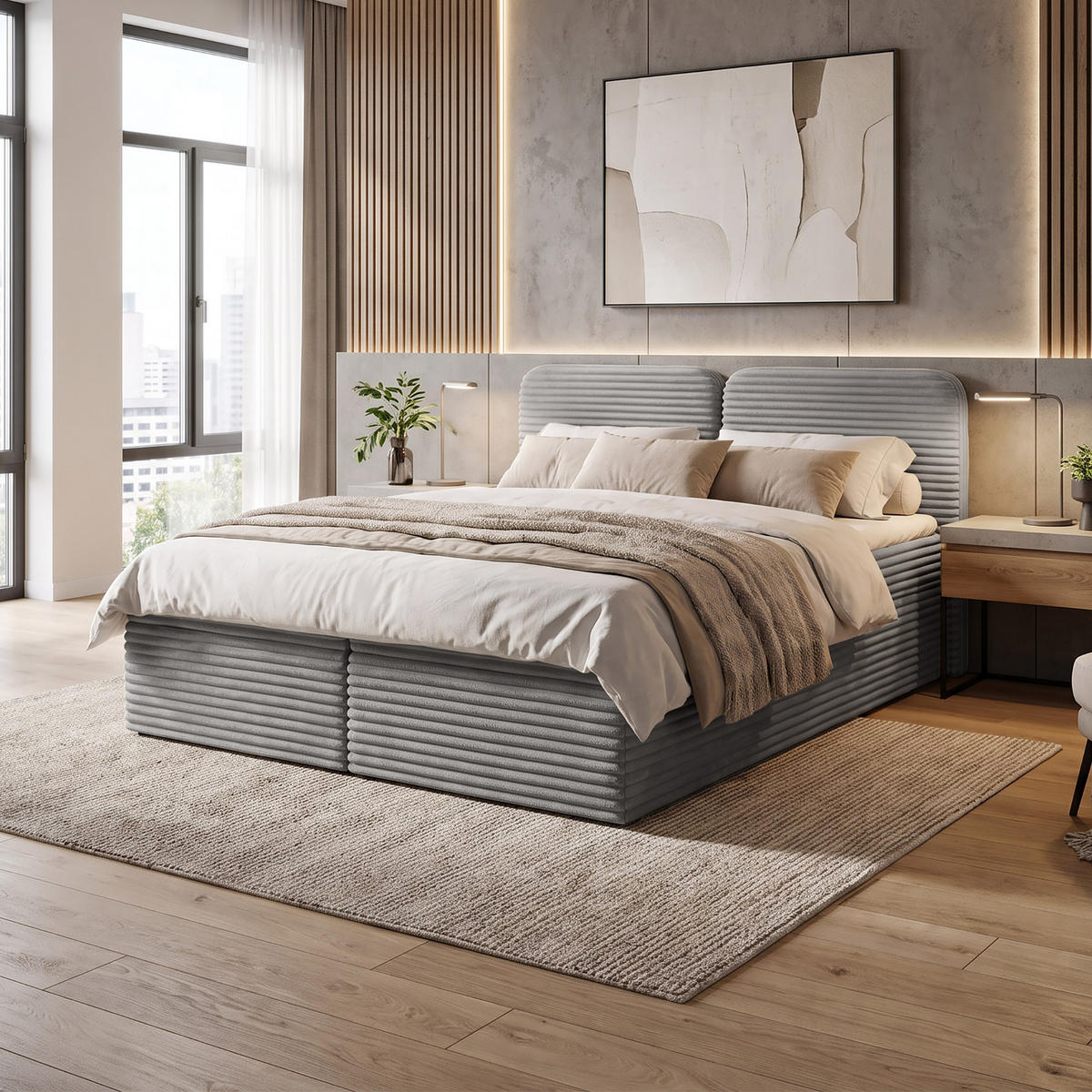 KONTINENTÁLNÍ POSTEL Lars 140x200 cm s topperem, bonellová matrace, manšestrová látka, světle šedá - světle šedá, textil (140/200cm) - Beautysofa