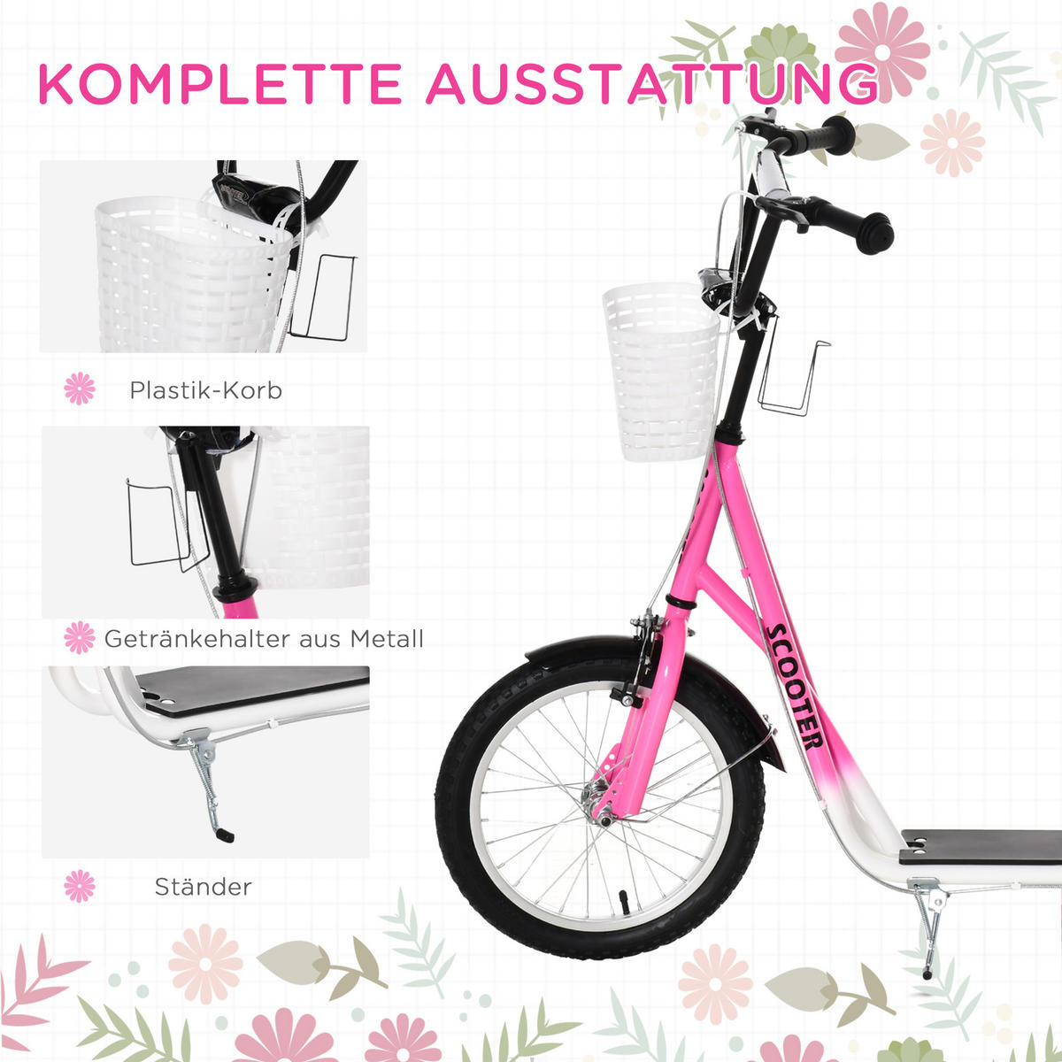 KINDERROLLER, Rosa+Weiß, Metall+ Kunststoff - Rosa, Metall (139/58/96cm) - HOMCOM