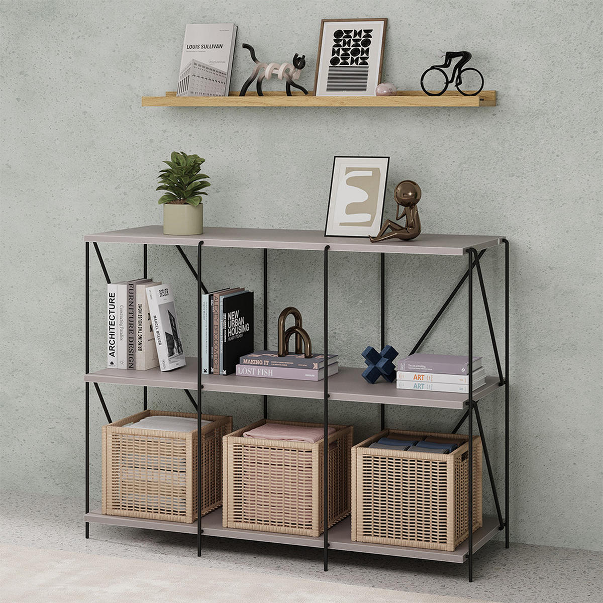 KNIHOVNA Ravix Béžová/černá - šedá/černá, kompozitní dřevo (90/71/30cm) - Vicco