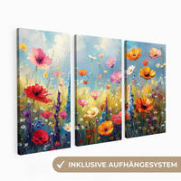 LEINWANDBILD 3er Set Blumen - Frühling - Farbenfroh - Sommerlich 180x120 cm - Orange, Textil (180/120cm) - MuchoWow