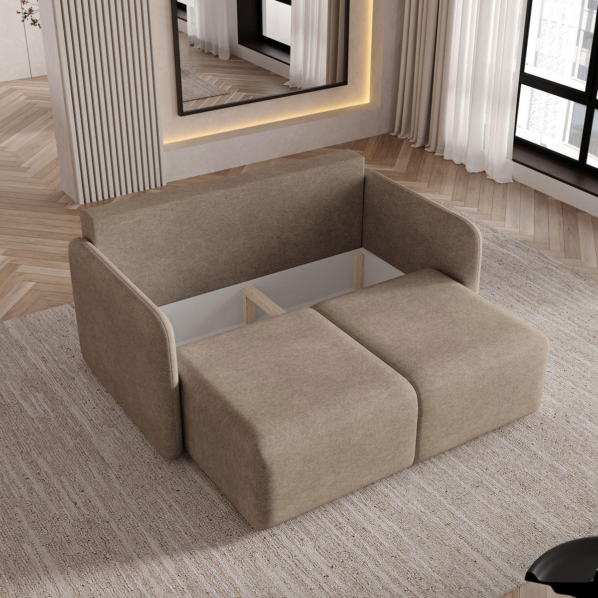 BETTSOFA SUVI II NV Braun Geflochtener Stoff mit Schlaffunktion - Hellbraun, Textil (90/85/153cm) - MASSENO