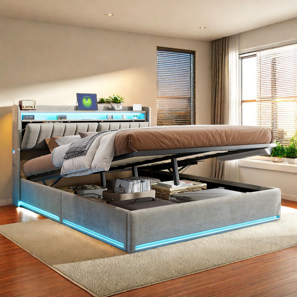 POLSTERBETT 140x200 cm Grau Samt LED Stauraum - Grau, Metall (140/200cm) - SHOPENTRA