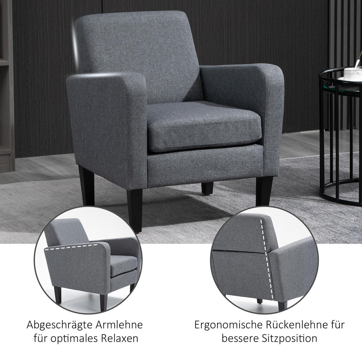 SESSEL mit Rückenlehne, abgerundeten Armlehnen Gepolstert Loungesessel Hellgrau - Hellgrau, Textil (72/74/66cm) - HOMCOM