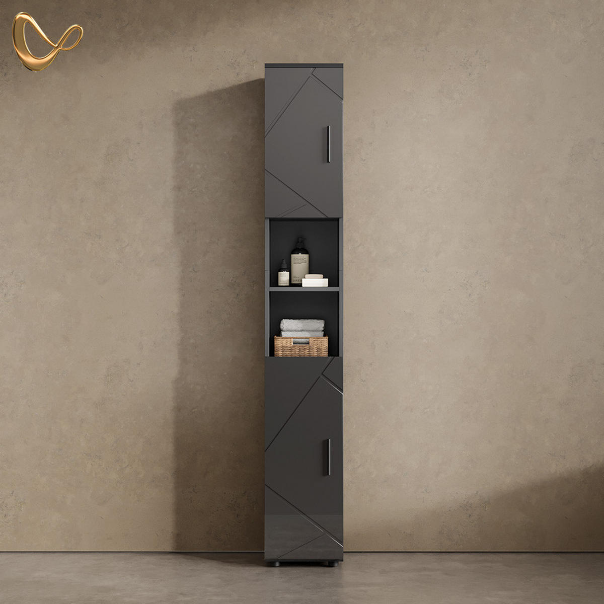 BADSCHRANK Ronco Anthrazit Hochglanz 30 x 192 cm - Anthrazit, Holzwerkstoff (30/192/30cm) - Livinity®
