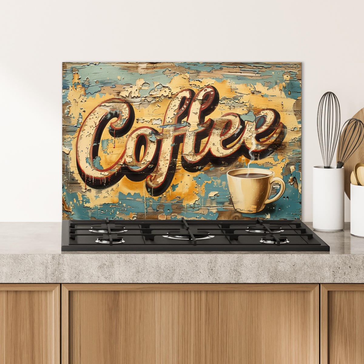 SPRITZSCHUTZ KÜCHE Kaffee - Vintage - Braun - Tasse 70x50 cm - Teakfarben, Metall (70/0.3/50cm) - MuchoWow