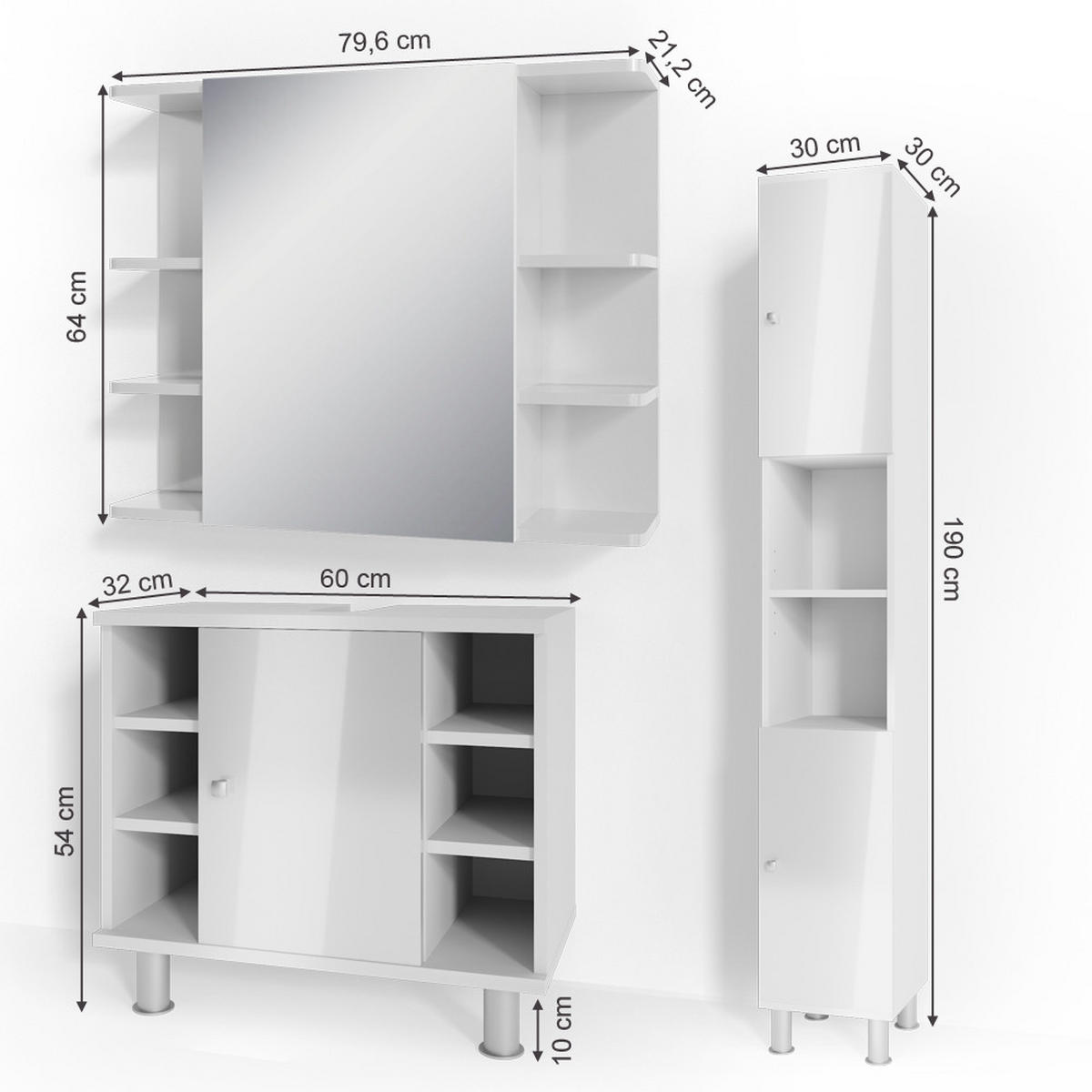 BADMÖBEL-SET Fynn Weiß Hochglanz 3 Teile, mit Hochschrank - Weiß Hochglanz/Weiß, Holzwerkstoff (60/54/32cm) - Vicco