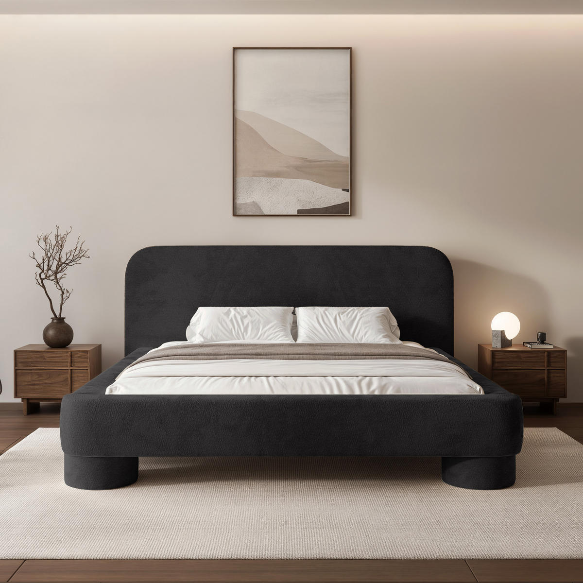 POLSTERBETT Frederico 180x200 cm Schwarz Chenille – (Doppelbett mit Bettkasten, Lattenrost, rundes Kopfteil) - Schwarz, Holz/Holzwerkstoff (180/200cm) - Ravio