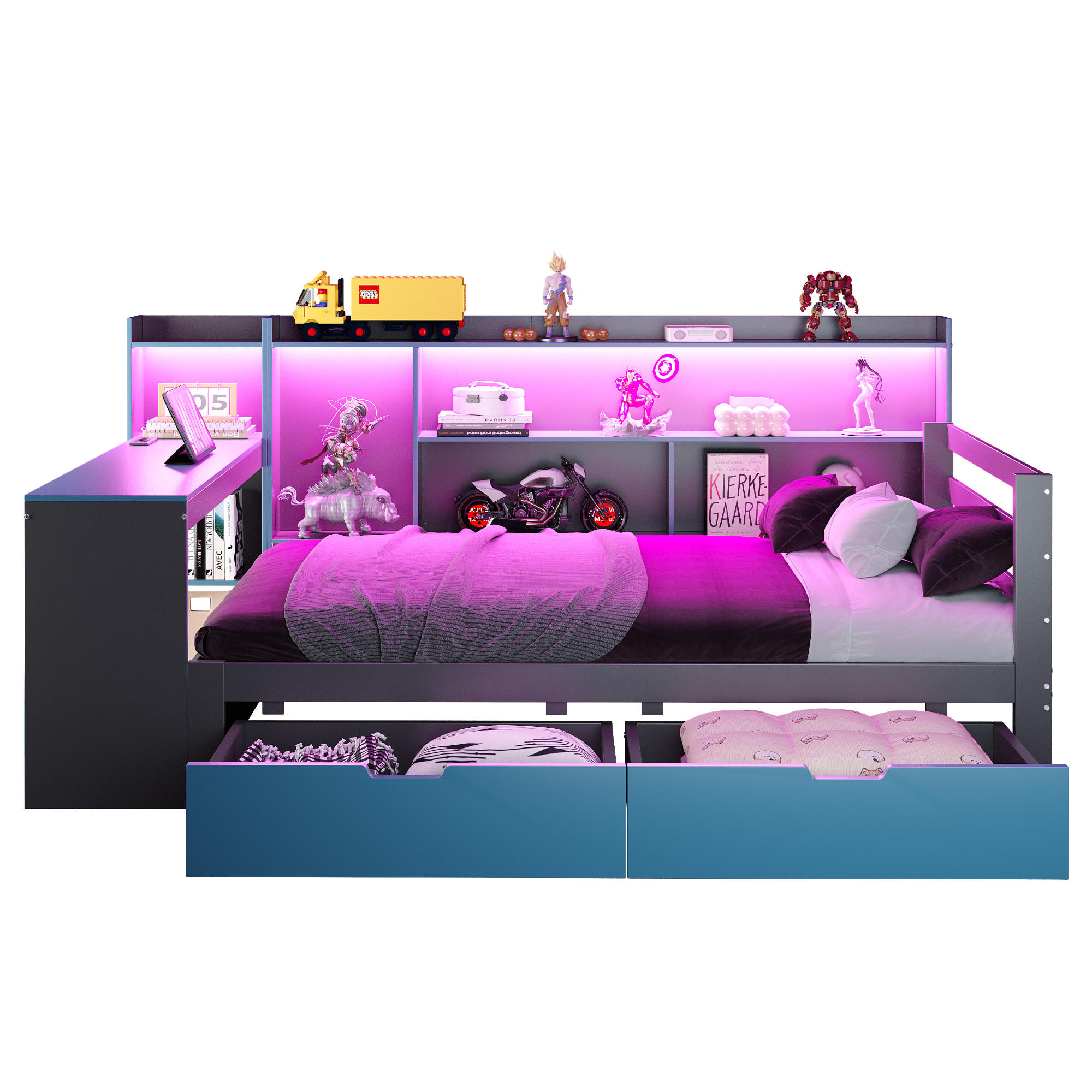 HOLZBETT 90x200cm Schlafsofa Schreibtisch LED Stauraum Schwarz - Blau, Holz (90/200cm) - FLIEKS