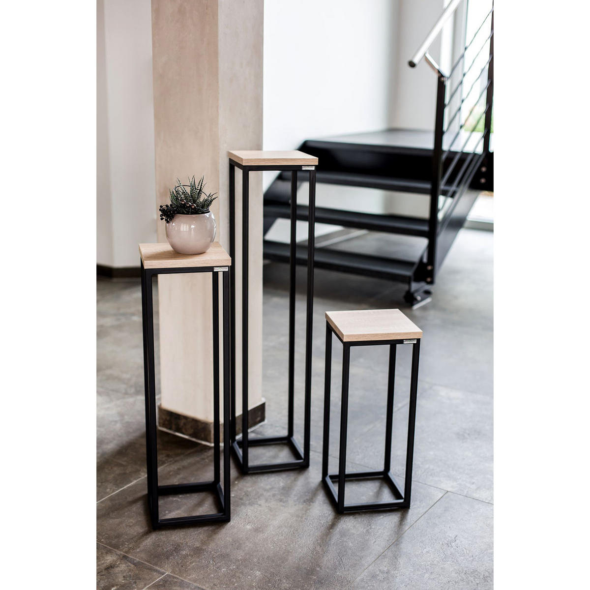 BLUMENSTÄNDER-SET 3-teilig - Sonoma / Schwarz - 50cm | 70cm | 90cm - Schwarz, Metall (21/21/90cm) - holz4home