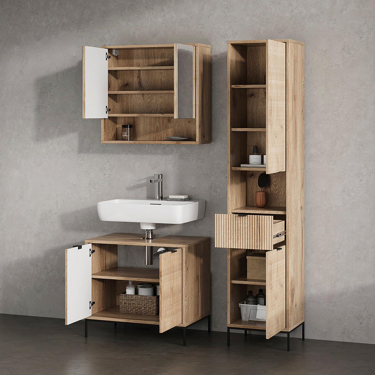 BADMÖBEL-SET ATERNO Viking Oak 3 Teile, mit Hochschrank - Eiche Wotan, Holzwerkstoff (70/63/45cm) - Livinity®