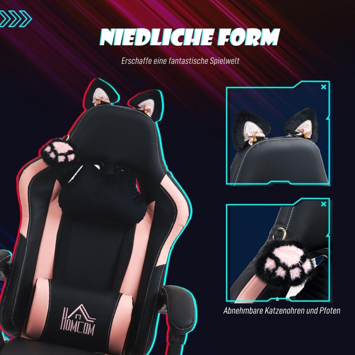 GAMING Stuhl mit Katzenohren, Lendenwirbelstütze, Fußstütze, Kopfkissen, höhenverstellbar, Liegefunktion Schwarz-Rosa - Schwarz, Leder (62/116/65cm) - BRILVERDE