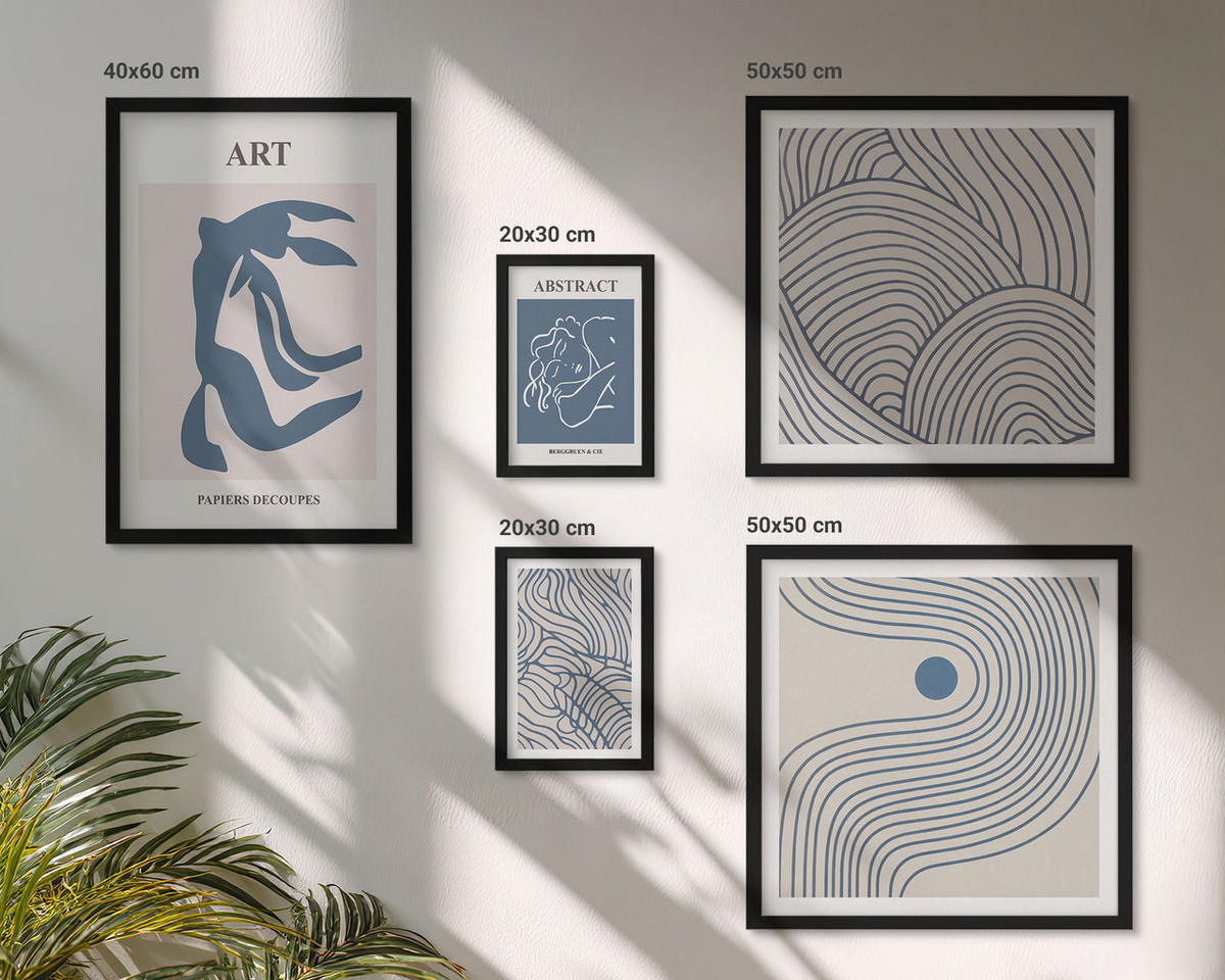 WANDBILDER 5er-Set - 50x50 cm & 20x30 cm & 40x60 cm Schwarzer Rahmen - Abstrakte blaue Linien - Schwarz, Kunststoff (40/60cm) - ArtPrintCave