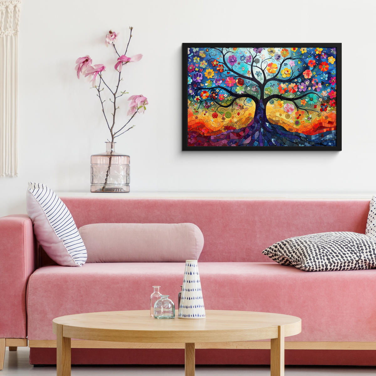 ZARÁMOVANÝ PLAGÁT Umenie - Strom života - Kvety - Hippie 60x40 cm - tmavomodrá, papier (60/40cm) - MuchoWow