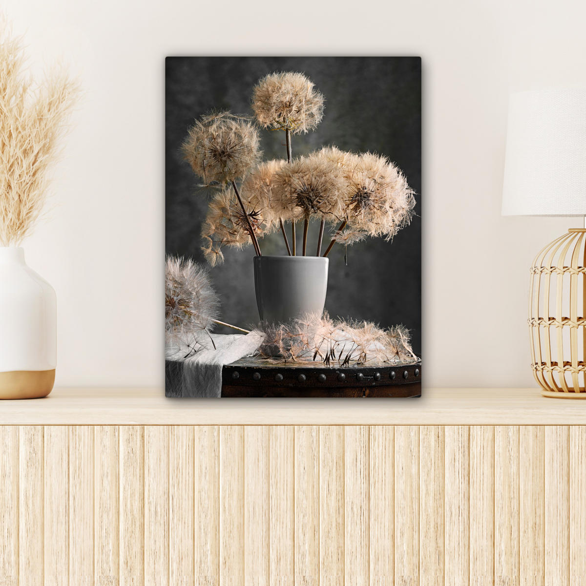 LEINWANDBILD Blumensamen - Löwenzahn - Vase - Stilleben - Blumenstrauß 30x40 cm - Dunkelgrau, Textil (30/40cm) - MuchoWow