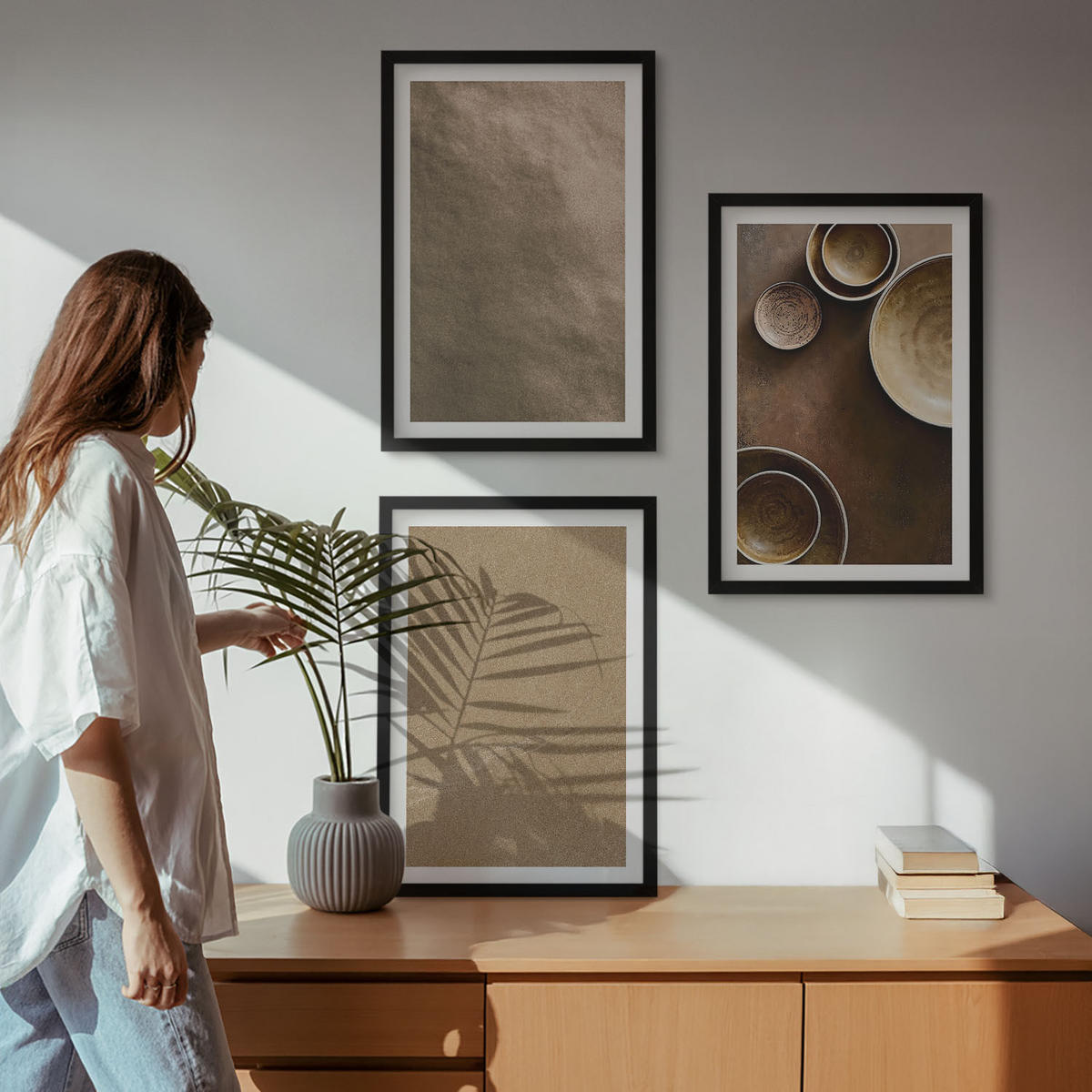 BILDER SET 3er Set - 40x60 cm Schwarzer Rahmen - Minimalistische Steinstrukturen - Schwarz, Kunststoff (40/60cm) - TULUP