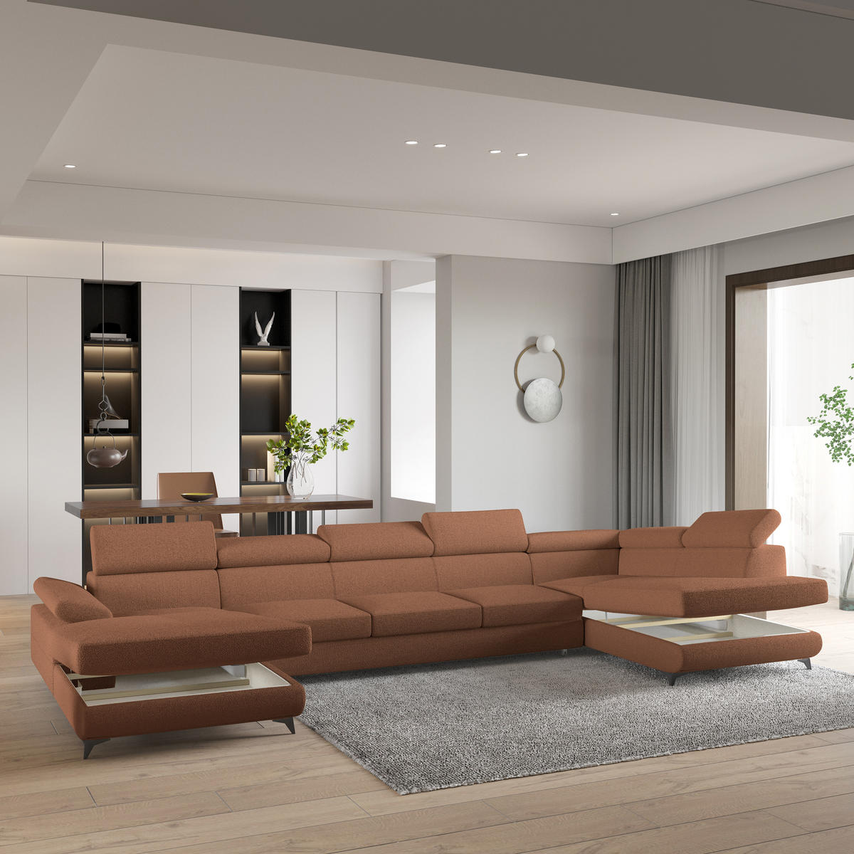 WOHNLANDSCHAFT MONTIVA Kupferfarben Boucle-Stoff mit Schlaffunktion - Kupferfarben, Holz (410/89/190cm) - MASSENO