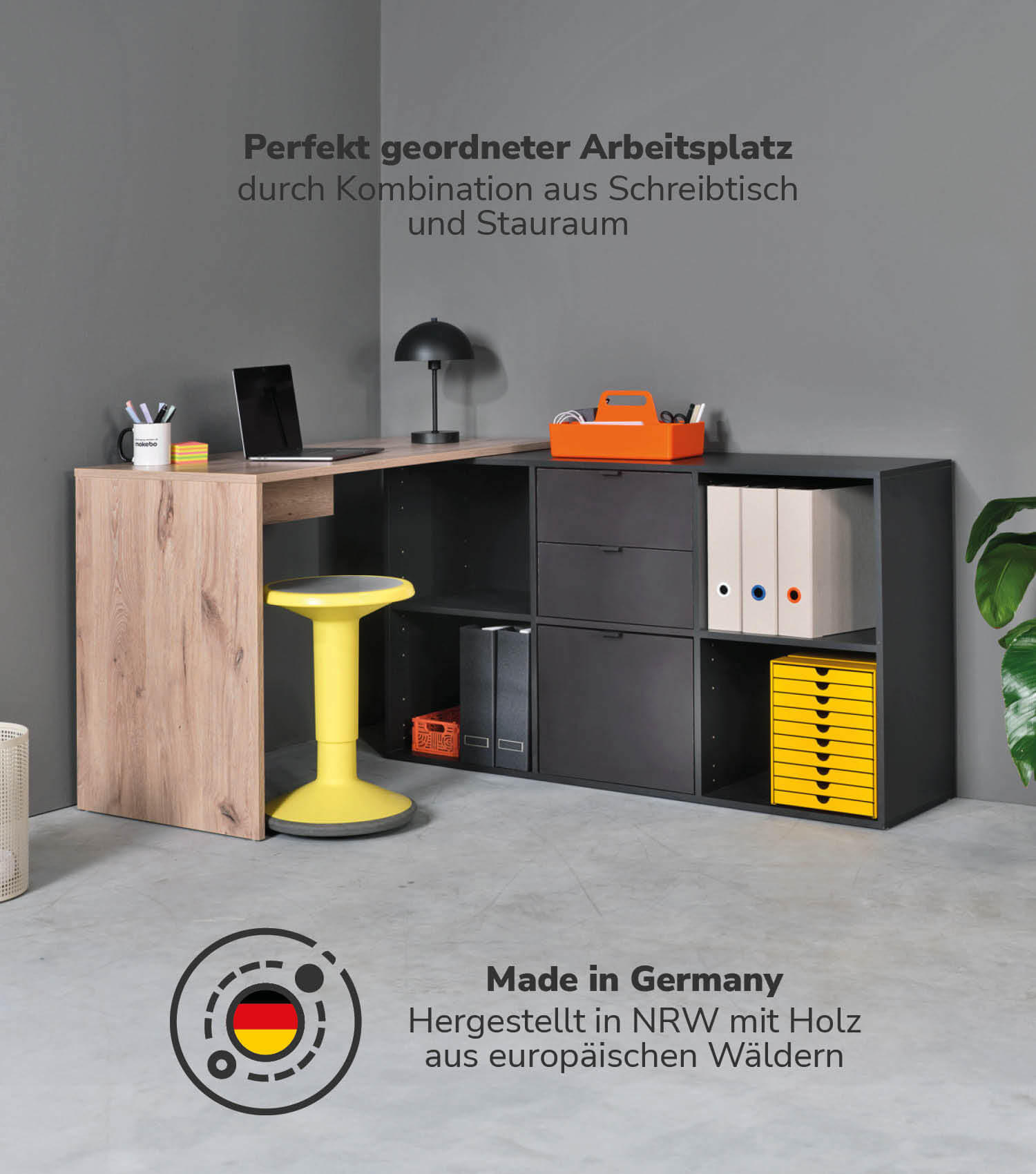 ECKSCHREIBTISCH Der Produktive - Eichefarben/Schwarz, Holzwerkstoff (54/112/77cm) - Mokebo