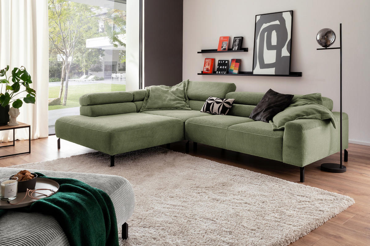 ECKSOFA MIT MOTORISCHEM SITZVORZUG DELIA Grün Cord - Schwarz/Grün, Textil/Metall (312/219cm) - KAWOLA