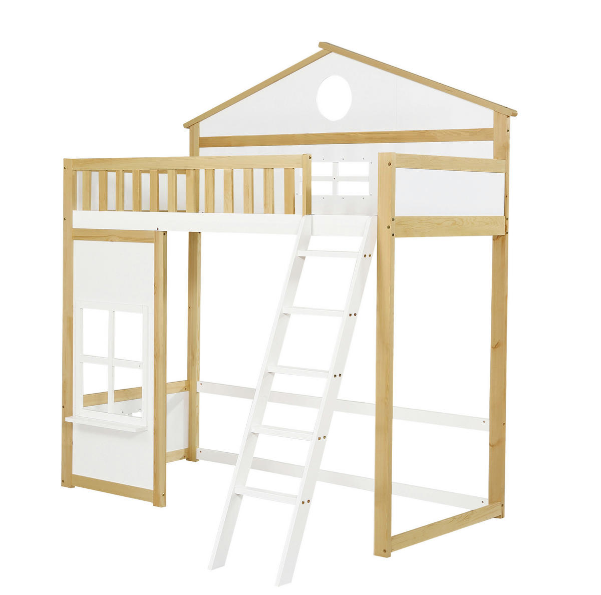 POSCHODOVÁ posteľ 90/200 cm biela/prírodná so schodíkmi, strieškou a okienkami z masívu a MDF - biela, drevo (90/200cm) - OKWISH
