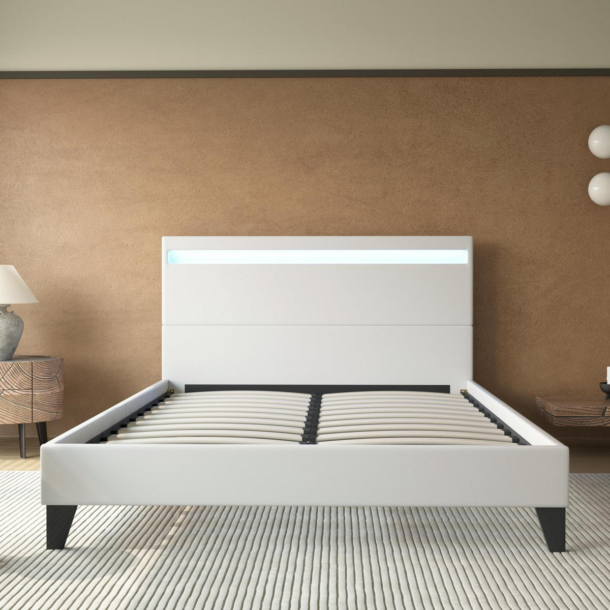 BETT 160x200 cm mit Kopfteil aus weißem Kunstleder - Weiß, Naturmaterialien (160/200cm) - November Sleep