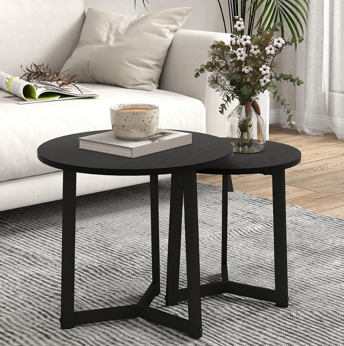 COUCHTISCH 48/40 cm Schwarz aus Stahl und MDF mit ineinander schiebbarer Funktion - Schwarz, Metall (48/48/45cm) - OKMYHOME