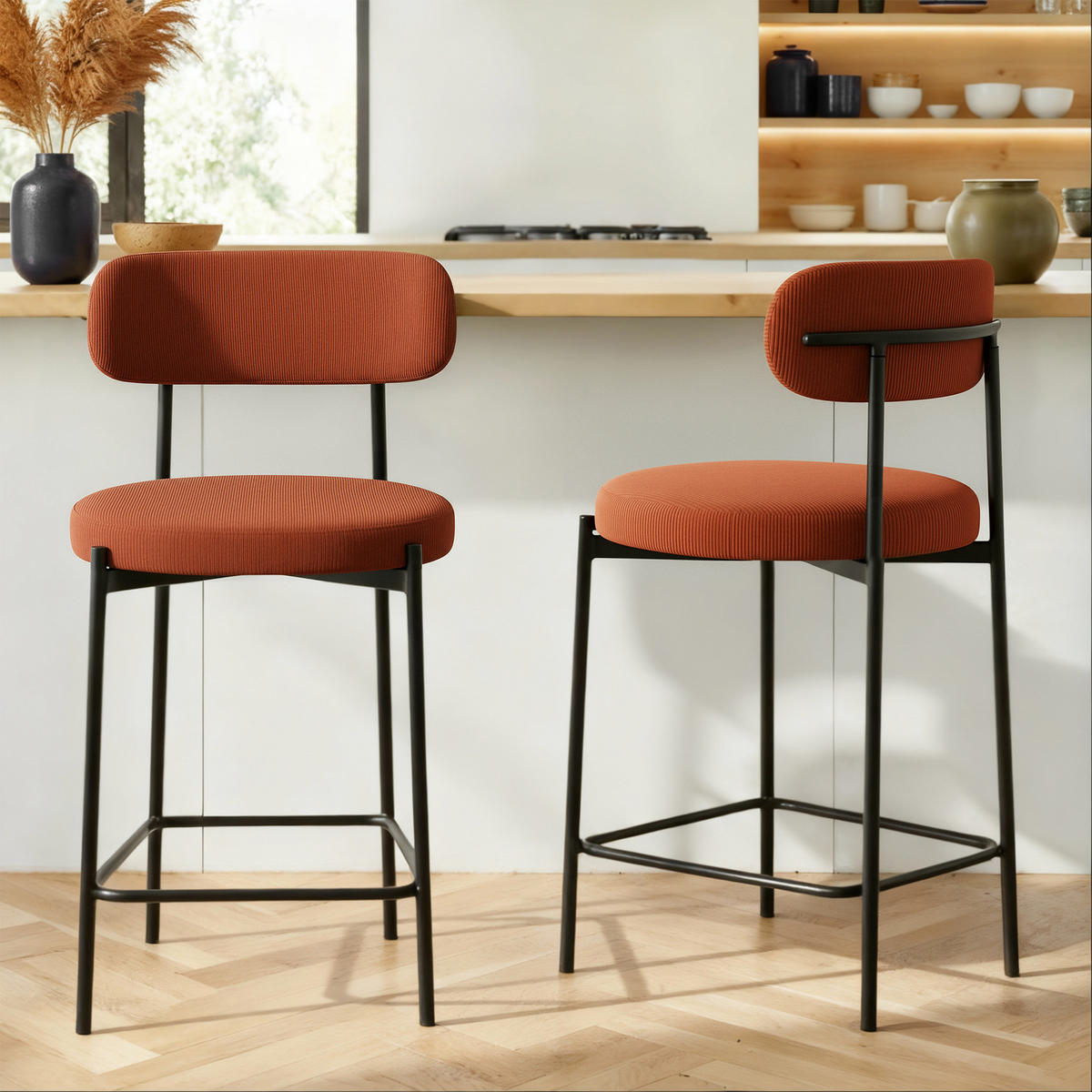 BARHOCKER 2er-Set Iris modernen aus terrakottafarbenem Cord, 65 cm - Terracotta/Schwarz, Textil/Metall (53.5/96/49.5cm) - Sicaan