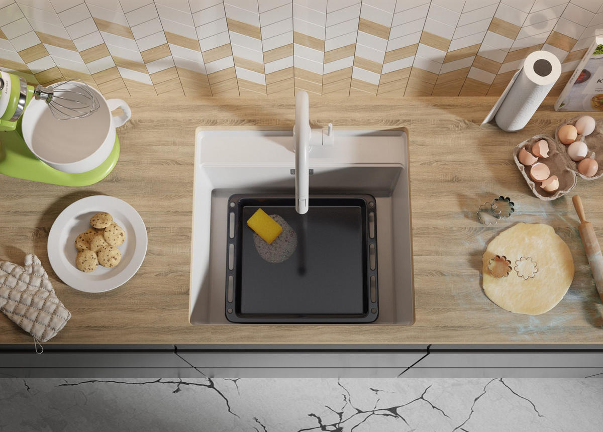 UNTERBAUSPÜLE GRANIT Bergen, 2-er set Weiß 56/53 cm 1 Becken + Küchenarmatur 40/20 cm + Ablauf-Set + Schneidebrett ab 60er Unterschrank - Chromfarben/Beige, Kunststoff (56/20/53cm) - Primagran