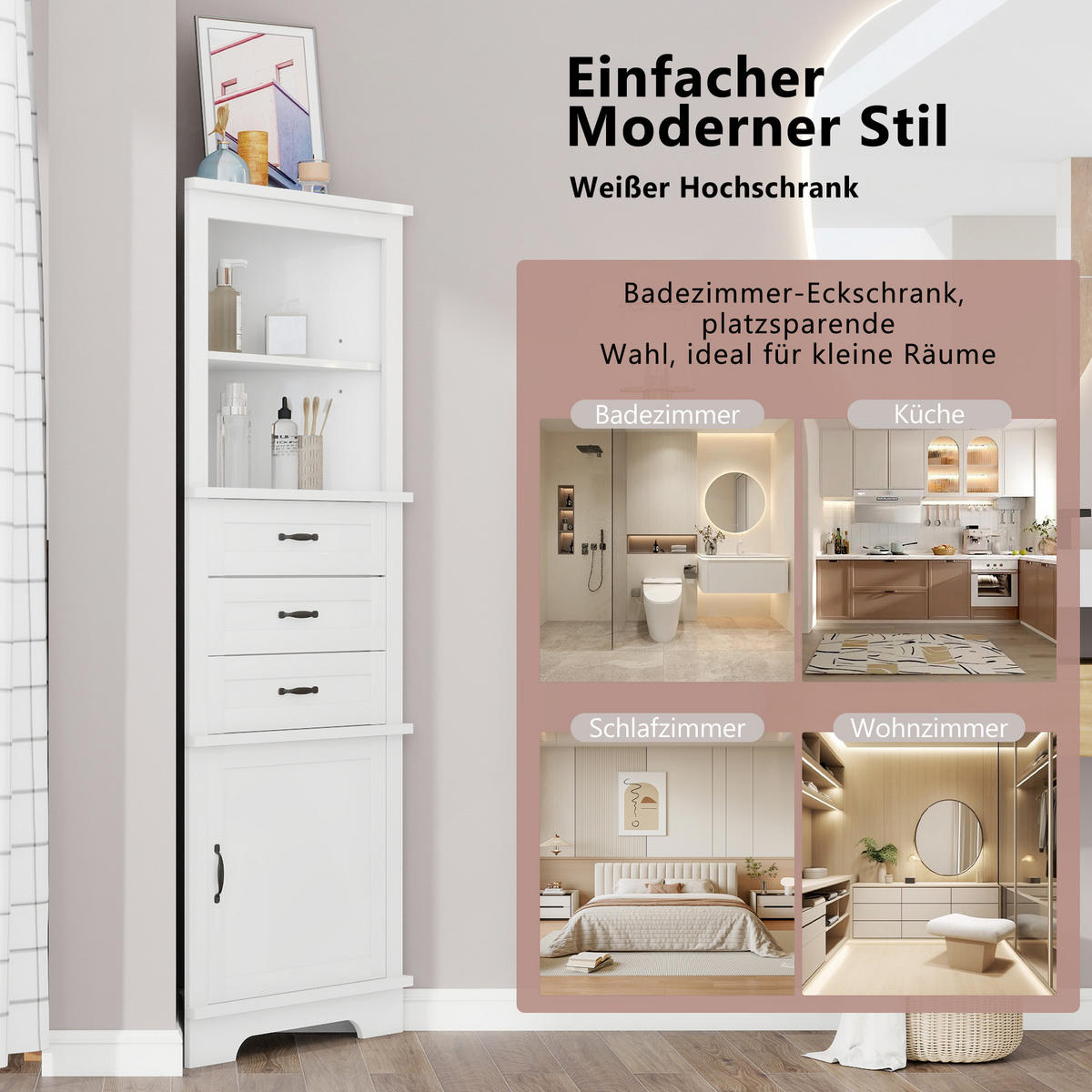 ECKSCHRANK BADEZIMMER Weiß mit 3 Schubladen & offenen Fächern - Weiß, Holzwerkstoff (57.7/167.5/46cm) - Urban Meuble