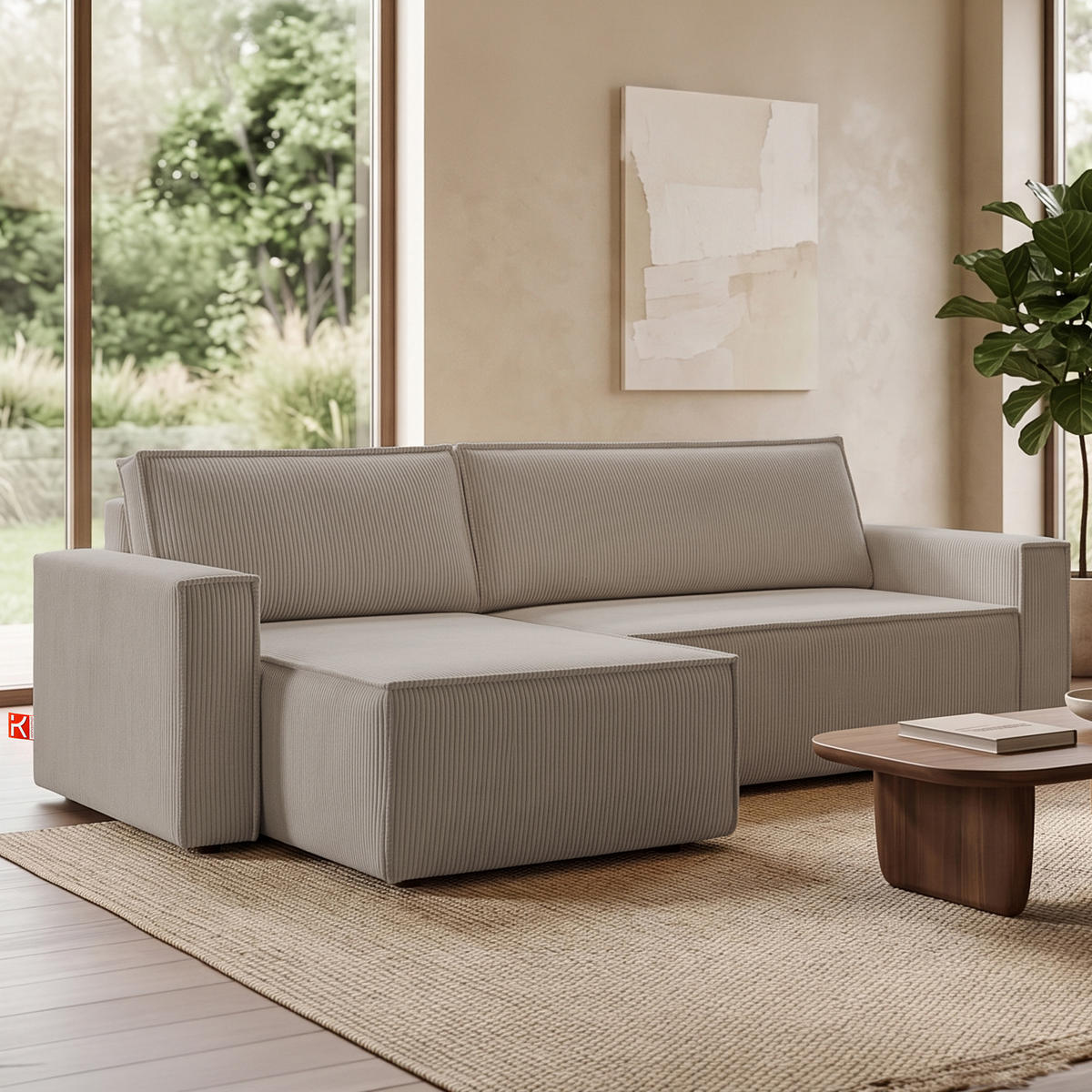 ECKSOFA-LINKS/RECHTS NAPI Schlaffunktion mit Cordbezug, Beige - Beige/Schwarz, Textil (246/148cm) - KONSIMO®