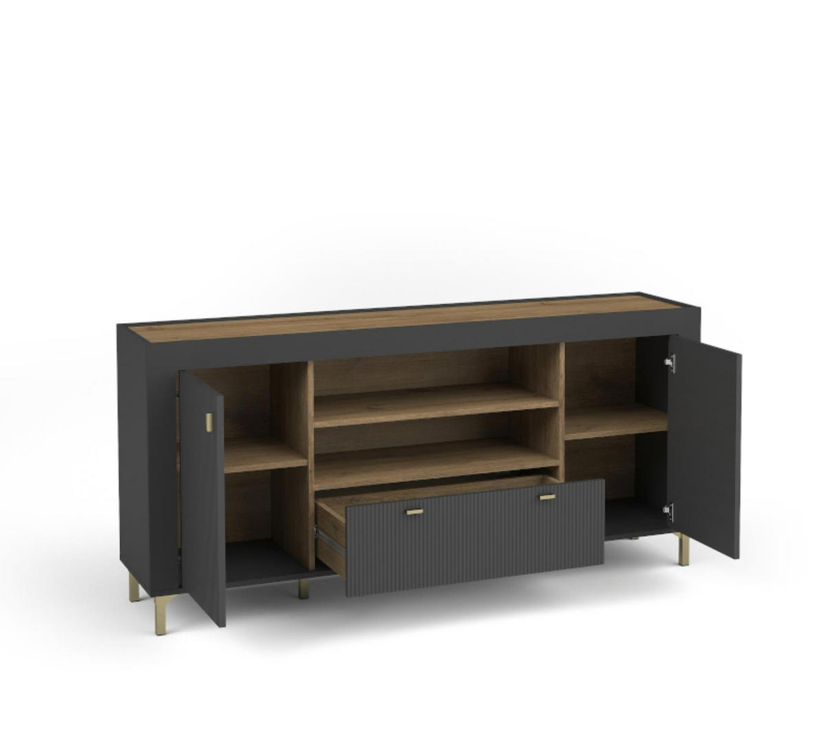 KOMMODE Mossa Schwarz, Zweitürige Kommode mit Schubladen - Goldfarben/Schwarz, Holzwerkstoff (177/84/40cm) - Bettso