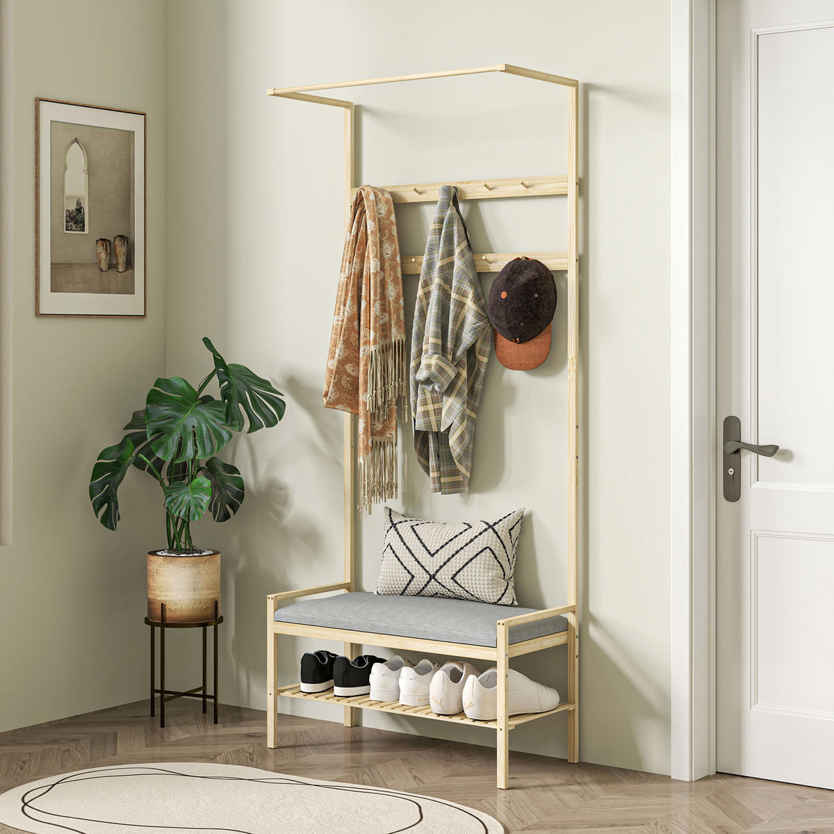 GARDEROBENSTÄNDER mit Schuhbank, Kleiderständer mit Haken, Schuhregal, Natur - Naturfarben, Naturmaterialen (34/171/73.5cm) - HOMCOM