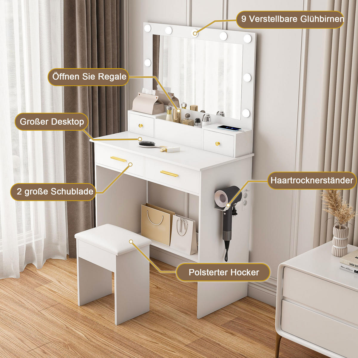 SCHMINKTISCH-SET 80 cm in Weiß mit LED-Spiegel - Weiß, Holzwerkstoff (80/137/40cm) - Urban Meuble