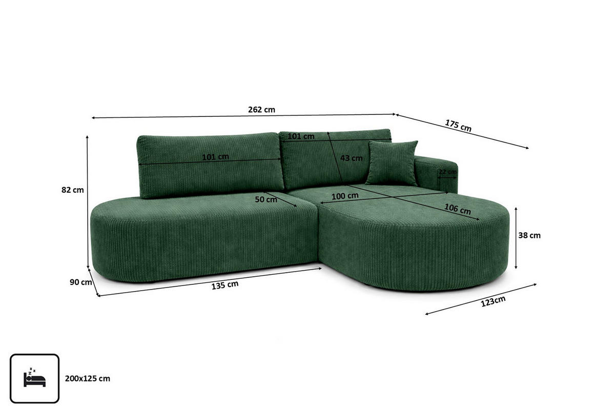ROHOVÁ SEDAČKA s funkcí spaní a úložným prostorem, manšestrová tkanina Poso, Zelená, Pravá strana, ROUND ONE OPEN XL - zelená barva, dřevo (262/175cm) - Kaiser Möbel
