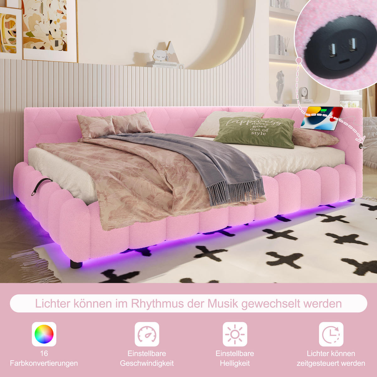 SCHLAFSOFA 90/200 cm in Rosa Samt mit Bettkasten, LED, USB und Type-C - Rosa, Holzwerkstoff/Textil (90/200cm) - WISHDOR