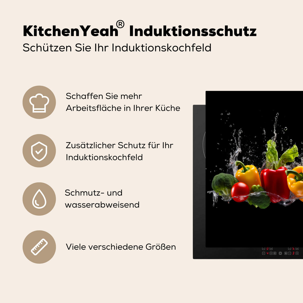 HERDABDECKPLATTE Paprika - Wasser - Gemüse - Schwarz 60x52 cm - Multicolor, Kunststoff (60/0.2/52cm) - MuchoWow