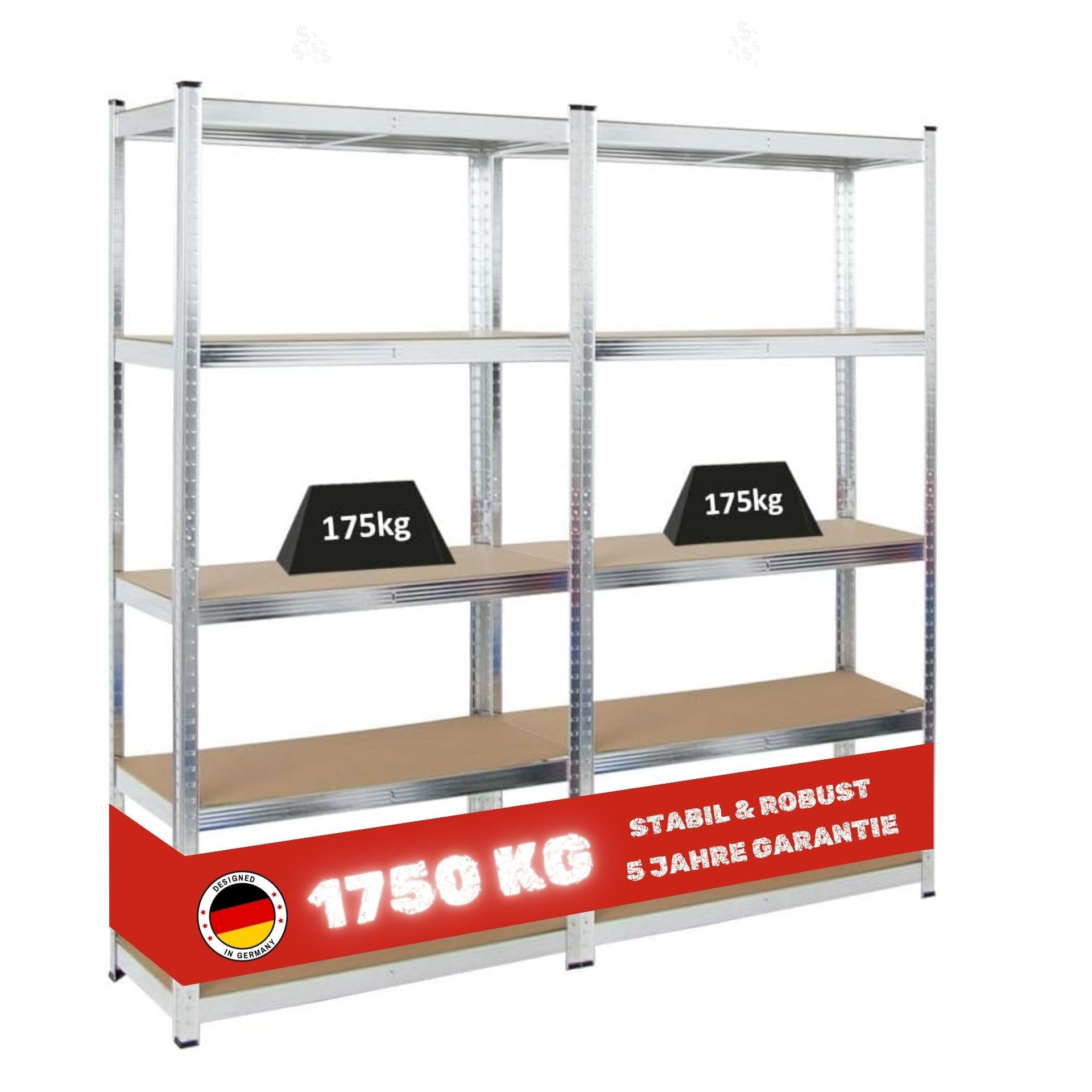 KELLERREGAL Gorilla 2er-Set mit 2x 180x90x40 cm Fachlast 175 kg Verzinkt - Silberfarben, Metall (90/180/40cm) - PROREGAL