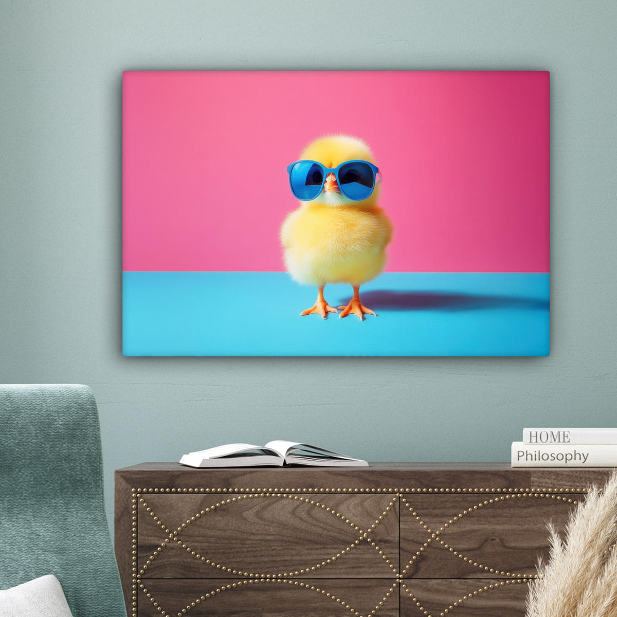 LEINWANDBILD Chick - Sonnenbrille - Blau Gemälde 60x40 cm - Pink/Gelb, Textil (60/40cm) - MuchoWow