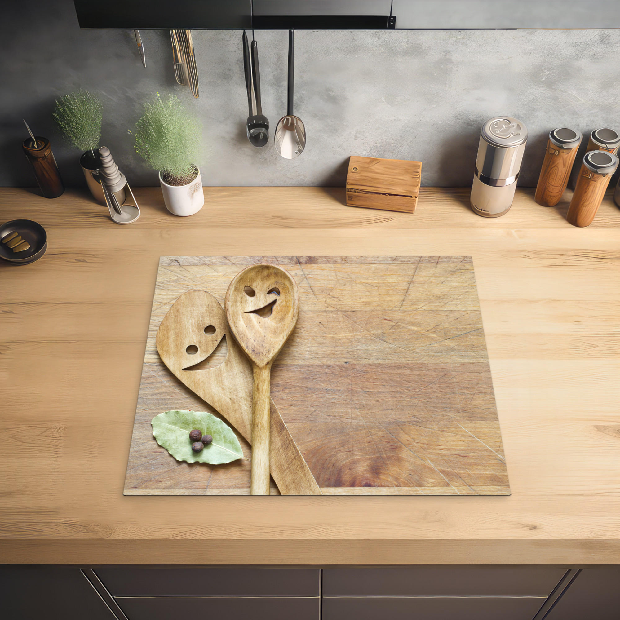 HERDABDECKPLATTE Holz - Löffel - Braun - Smiley 59x51 cm - Hellbraun, Kunststoff (59/0.2/51cm) - MuchoWow