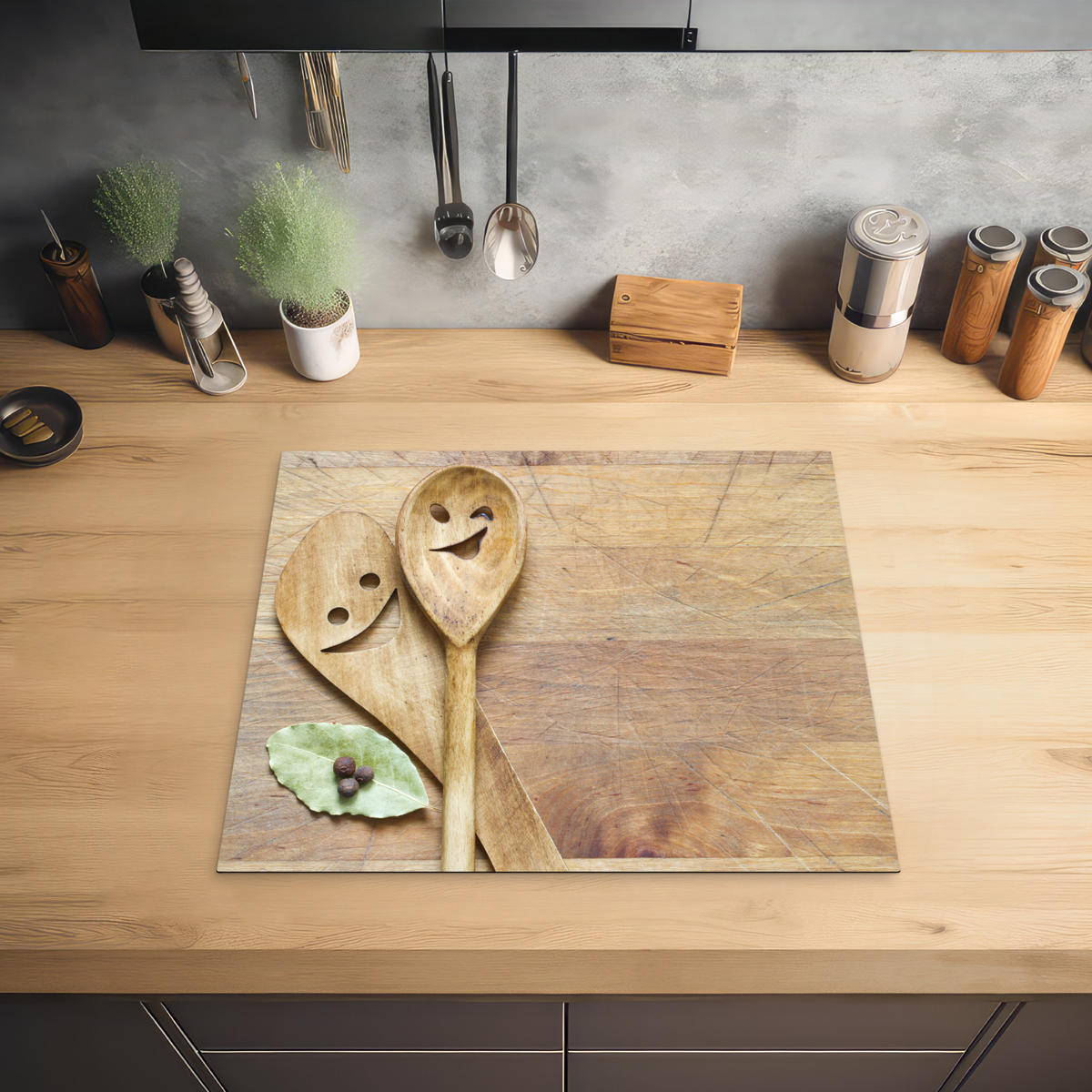 HERDABDECKPLATTE Holz - Löffel - Braun - Smiley 60x52 cm - Hellbraun, Kunststoff (60/0.2/52cm) - MuchoWow