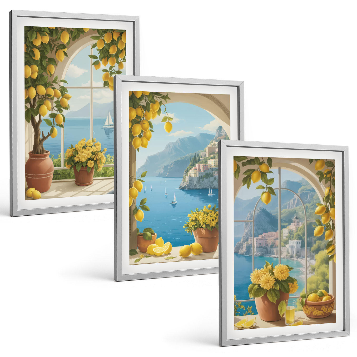 BILDER SET 3er Set - 40x60 cm Silberner Rahmen - Meereslandschaften, Zitronen, Fenster - Silberfarben, Kunststoff (40/60cm) - TULUP
