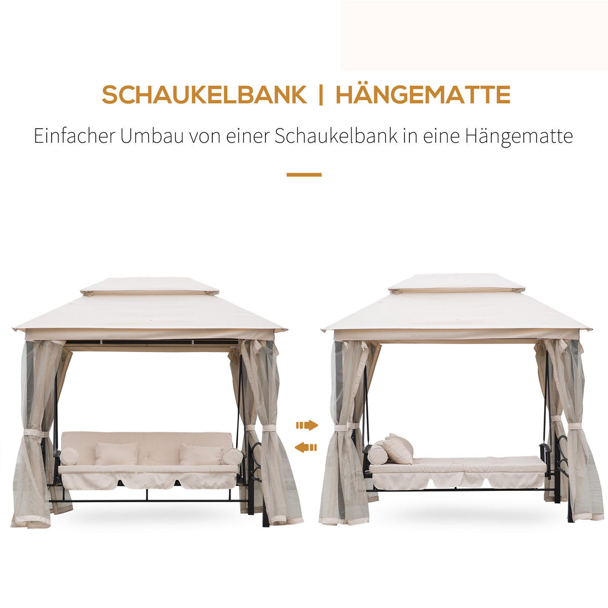3-SITZER Hollywoodschaukel Gartenschaukel Pavillon Seitenwände Liegefunktion - Beige, Metall (172/248/256cm) - Outsunny