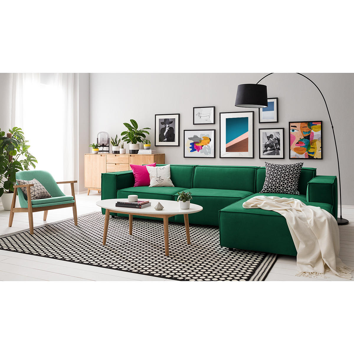 ECKSOFA mit Longchair - Dunkelgrün/Schwarz, Kunststoff/Textil (294/177cm) - home24