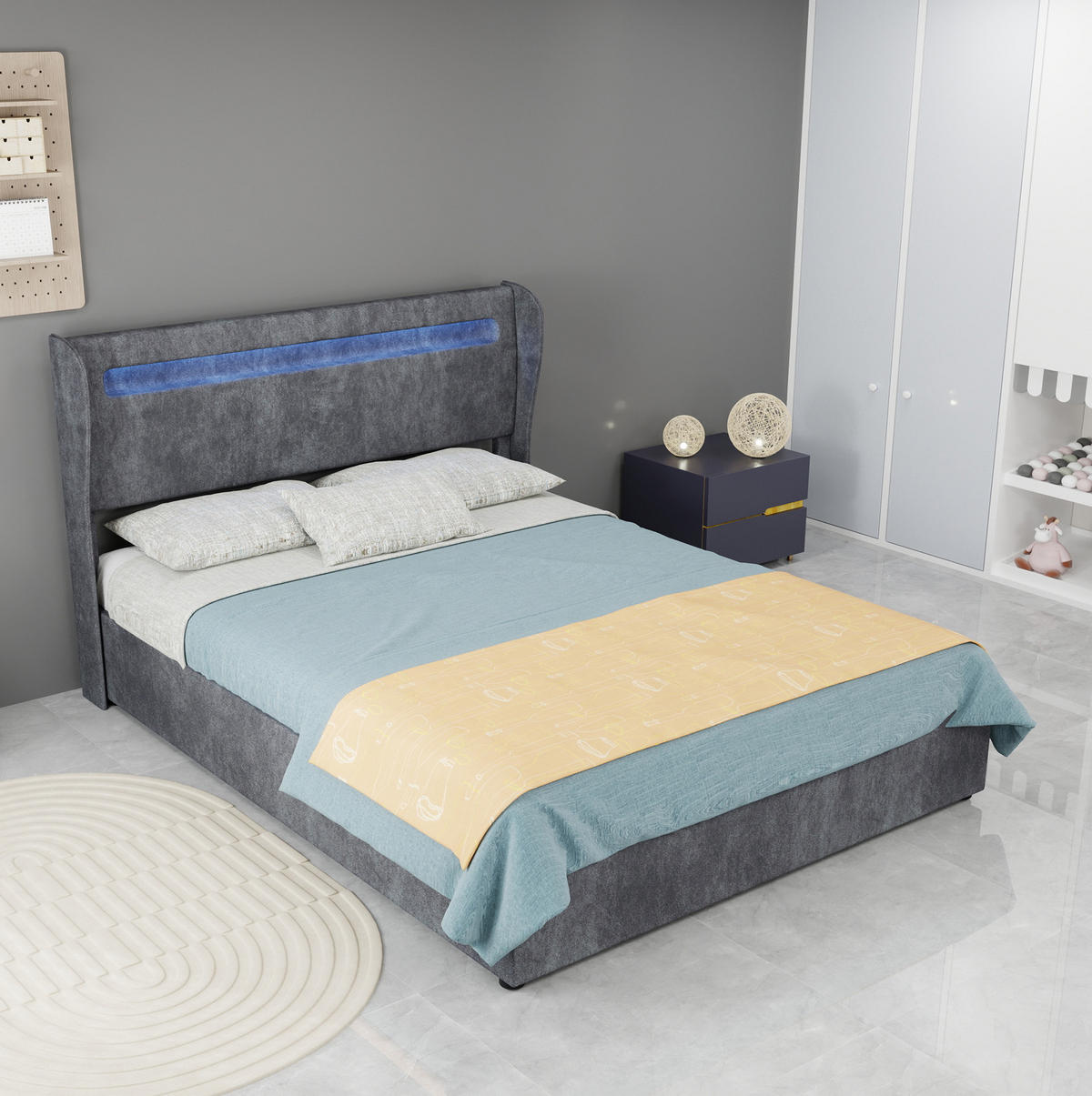 POLSTERBETT 140/200 cm mit LED-Beleuchtung, verstellbarem Kopfteil und Bettkasten, Grau - Grau, Textil (140/200cm) - Redom