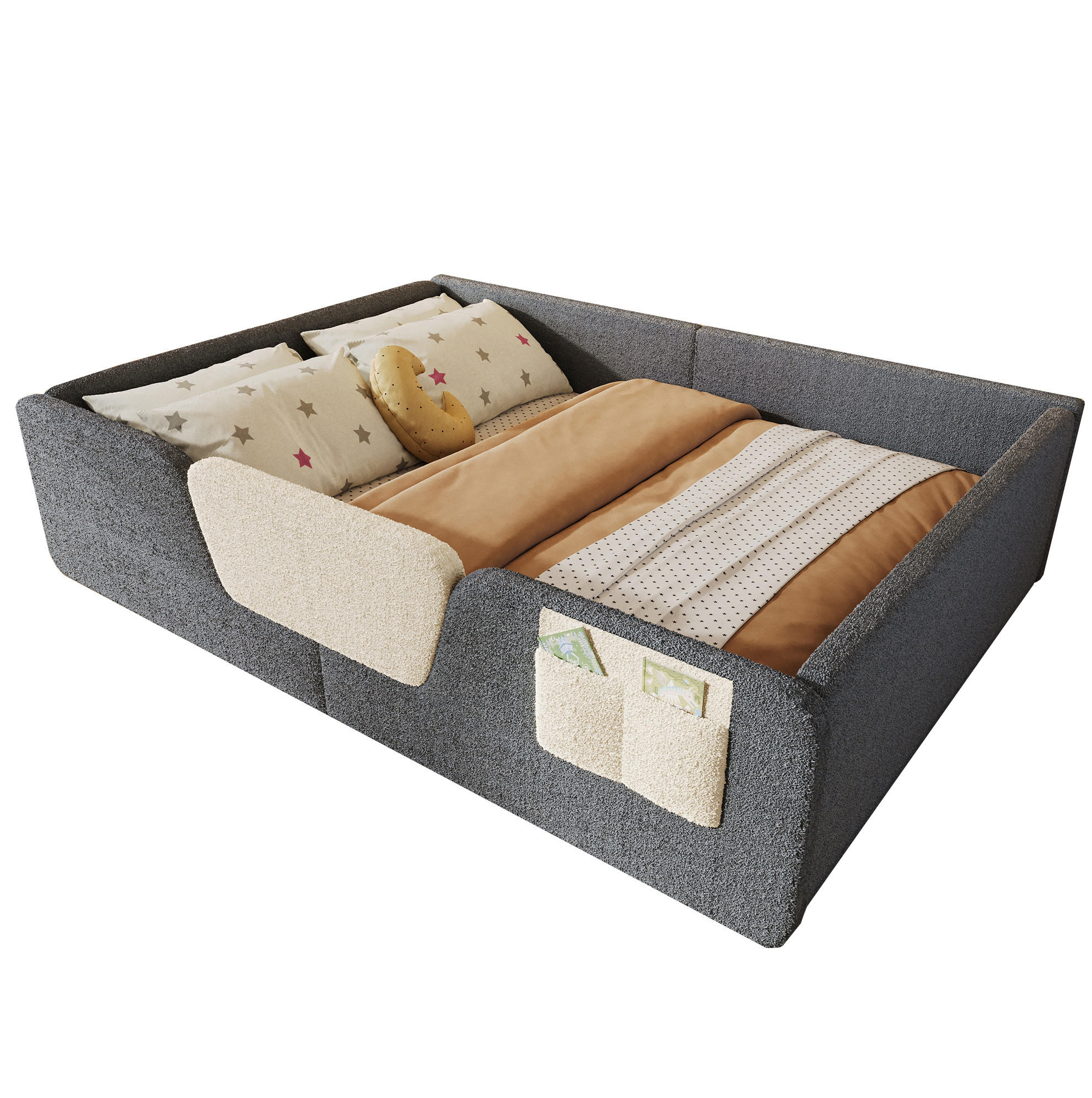 POLSTERBETT 140/200 cm grau aus Velours mit abnehmbaren Seitengittern - Grau, Textil (140/190cm) - OKWISH
