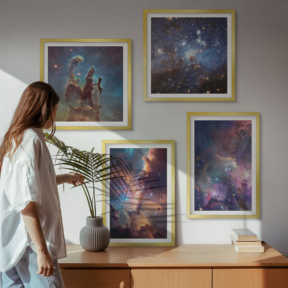WANDBILDER 4er Set - 50x50 cm & 40x60 cm Goldrahmen - Kosmische Sternenlandschaften - Goldfarben, Kunststoff (50/50cm) - ArtPrintCave
